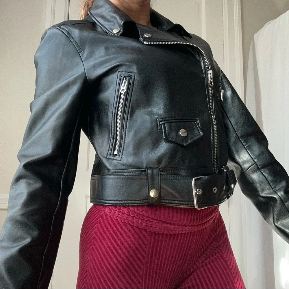 Bershka Black Faux Leather Biker Moto Jacket‎ Full Zip Grunge Lg NWOT - Picture 14 of 15